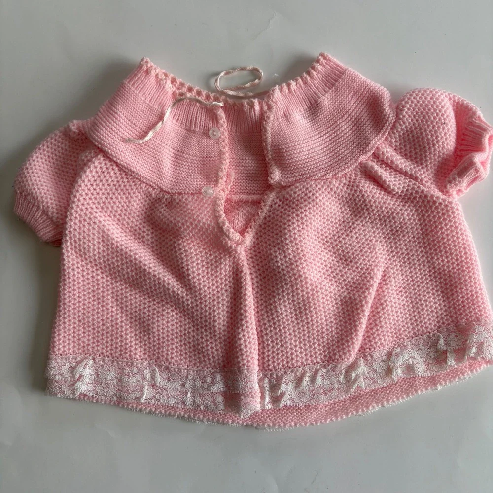 Vintage Infant Girls Pink Knit‎ Set Lace Accents Floral Embroidery Acrylic